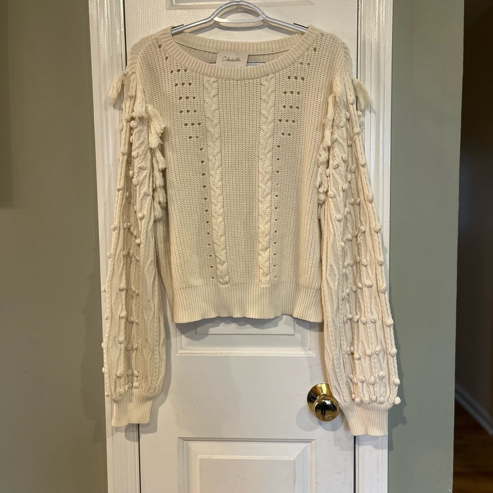 Cleobella White Knit Ivory Pom Pom Fringe Sweater M b2 - Picture 2 of 8